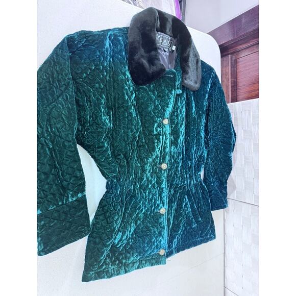 "KAOS" Green Vintage Y2K Velvet Coat Made In USA Faux Fur Collar SZ S PLZ READ - Picture 4 of 13